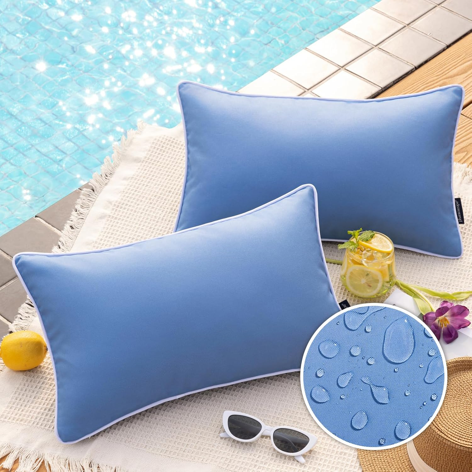 Phantoscope Pack of 2 Outdoor Waterproof Solid Throw Decorative Pillow Cover Decorative Square Outdoor Pillows Cushion Case Patio Pillows for Couch Tent Sunbrella, Blue 18X18 Inches 45X45 Cm
