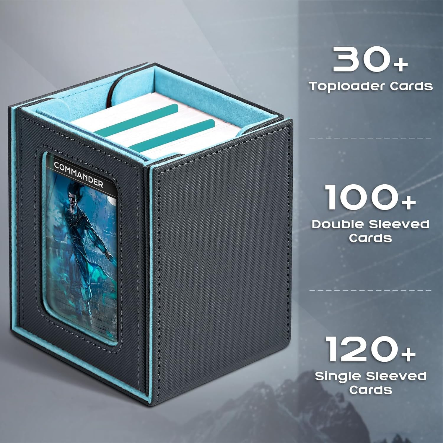Card Box with MTG Commander Display, Patented Design Card Holder Can Hold More than 100 Double Sleeve Cards, PU Leather Card Storage Box for TCG with 2 Partitions, 1 Top Loader (Black&Blue) - Blackblue image number 2