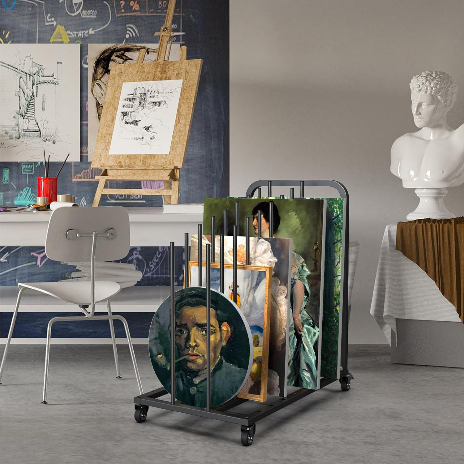 Mosegor Art Canvas Storage Rack with Wheels，Iron Art Storage Easel with Wheels，Adjustable Art Drying Painting Rack，Suitable for Drying Canvas Boards, Painting Boards, Crafts（Black） image number 1