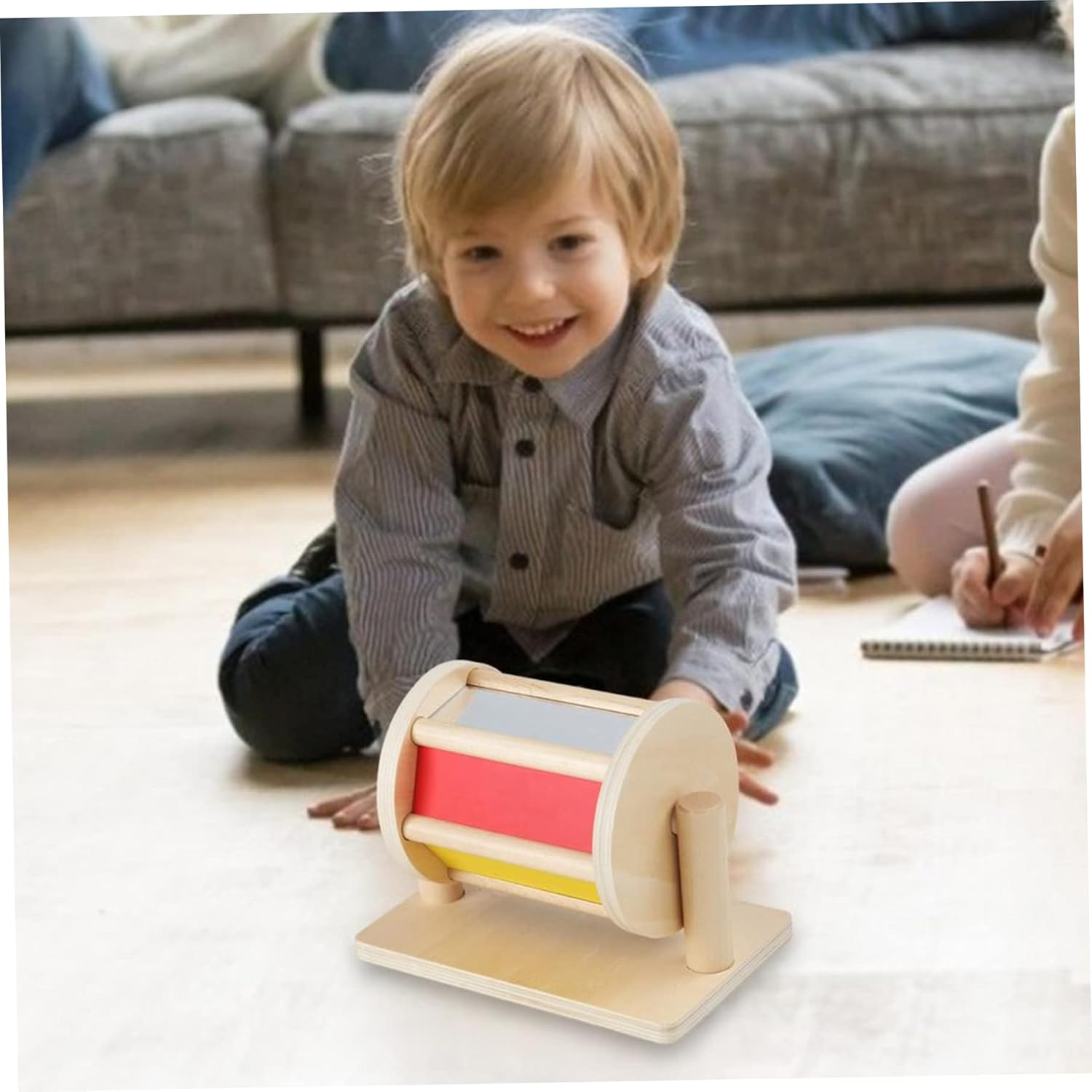 Montessori Spinning Drum,Spinning Drum for Babies 6M+,Safe Spinning Rainbow Baby Toy,Wooden Baby Spinner Toy,Lightweight Spinning Drum with Clear Mirror - 8.2X5.1X6.1 In image number 2