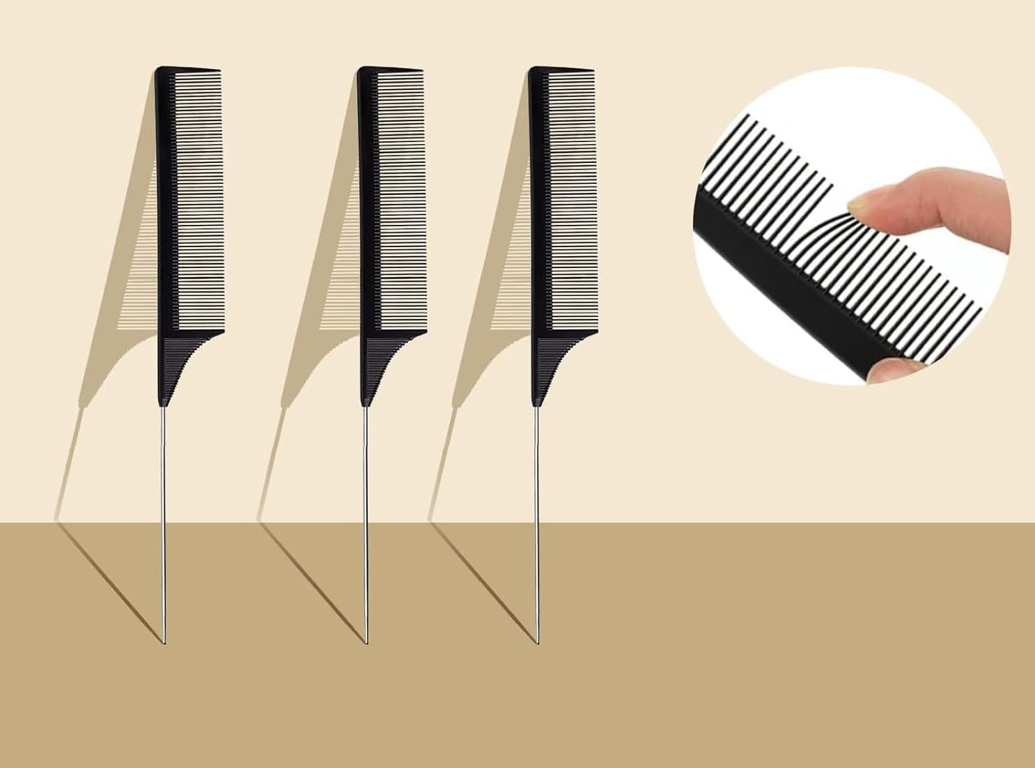 CJESLNA 6 Packs Rat Tail Combs Set,Heat Resistant Carbon Fiber Teasing Parting Hair Combwith Stainless Steel Pintail for Women Girls Braiding Hair Styling Tools (Black) image number 5