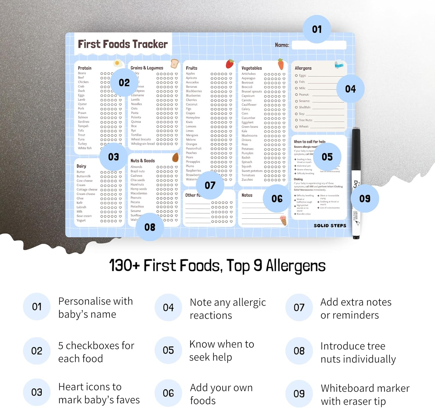 Solid Steps Baby First Foods & Allergens A3 Fridge Magnet &ndash; Whiteboard Tracker, Weaning Chart, Daily Food Log & Checklist &ndash; 130+ Solid Foods & Top 9 Allergens image number 4