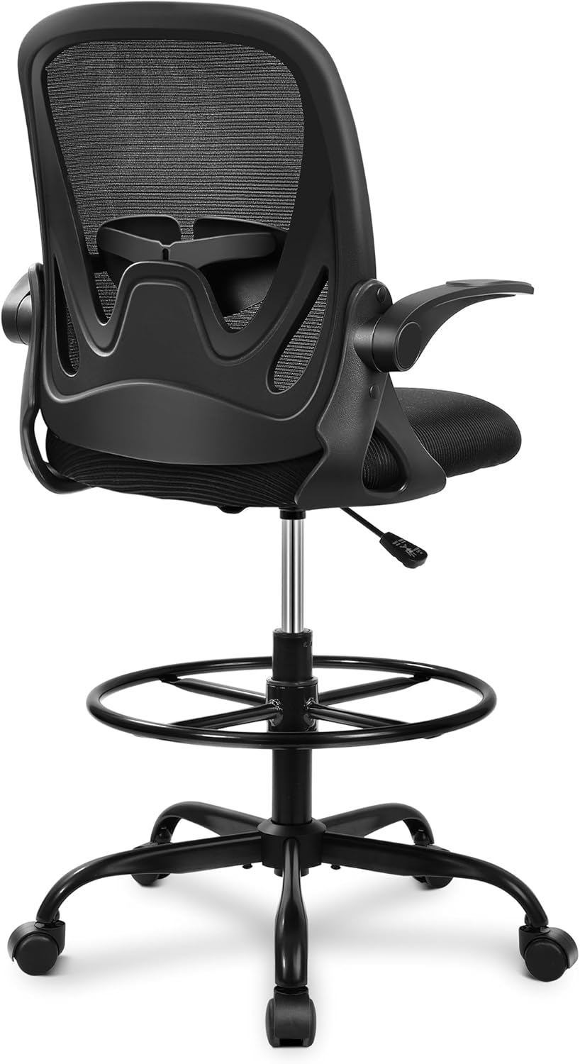 Primy Drafting Chair Tall Office Chair with Flip-Up Armrests Executive Ergonomic Computer Standing Desk Chair with Lumbar Support and Adjustable Footrest Ring (Black) image number 7