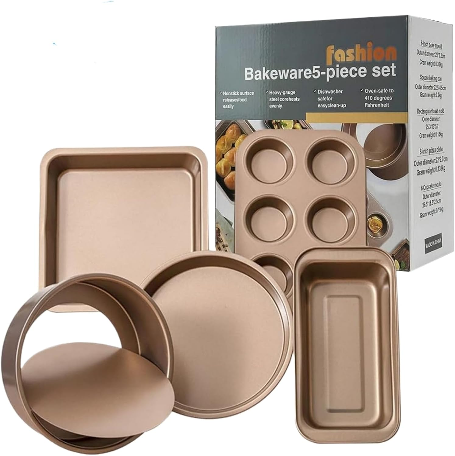 Baking Pans Nonstick Set, Bakeware Sets with round Square Cake Pan, Muffin Pan, Loaf Pan, Roast Pan, Baking Sheets for Oven, Kitchen Cookware Sets Baking Supplies 5-Piece, Gold image number 4