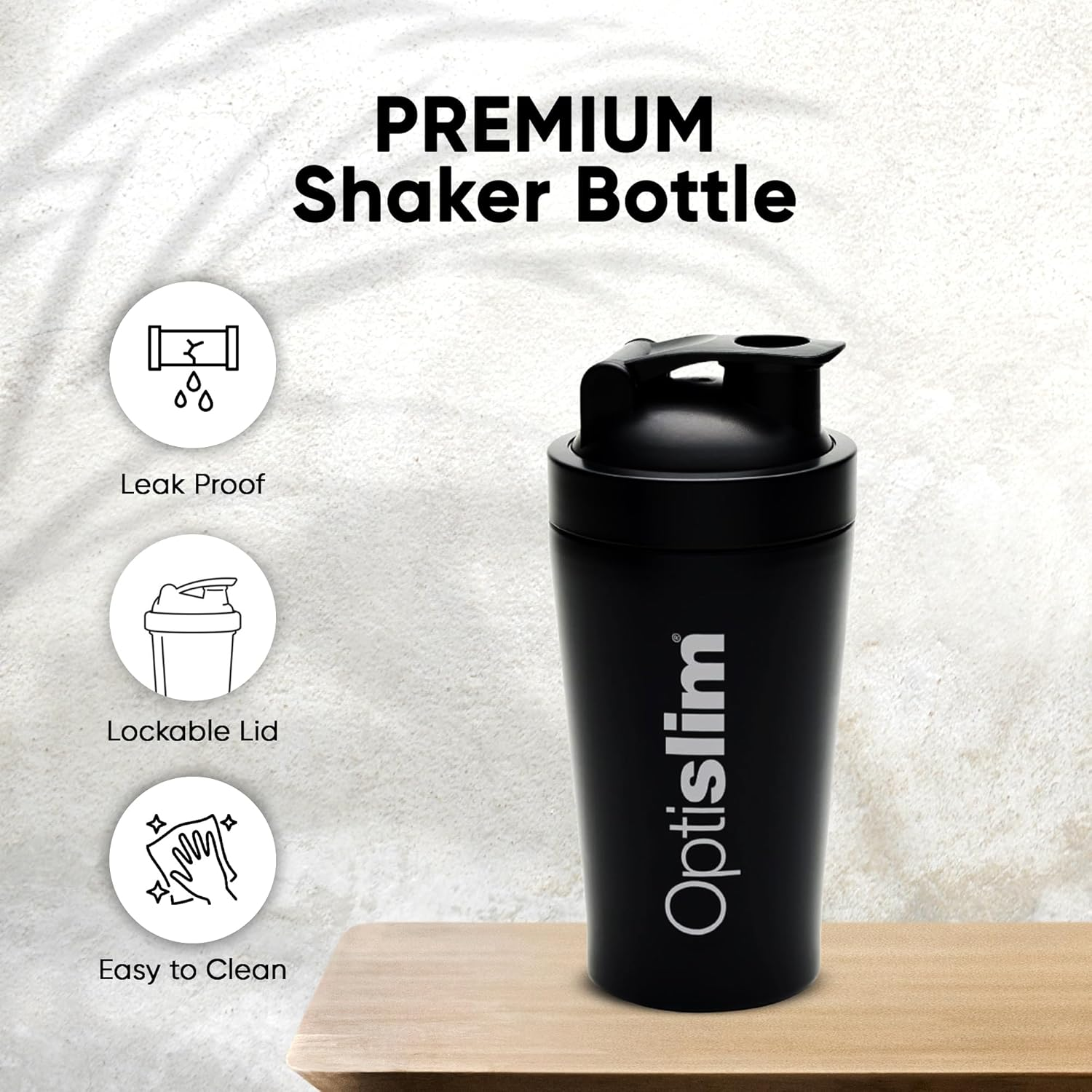 Optislim PREMIUM Shaker Bottle - Stainless Steel Protein Shaker Bottle with Matte Black Finish - Keep Shakes Cooler for Longer - Spill-Proof, Odour & Stain Resistance image number 2