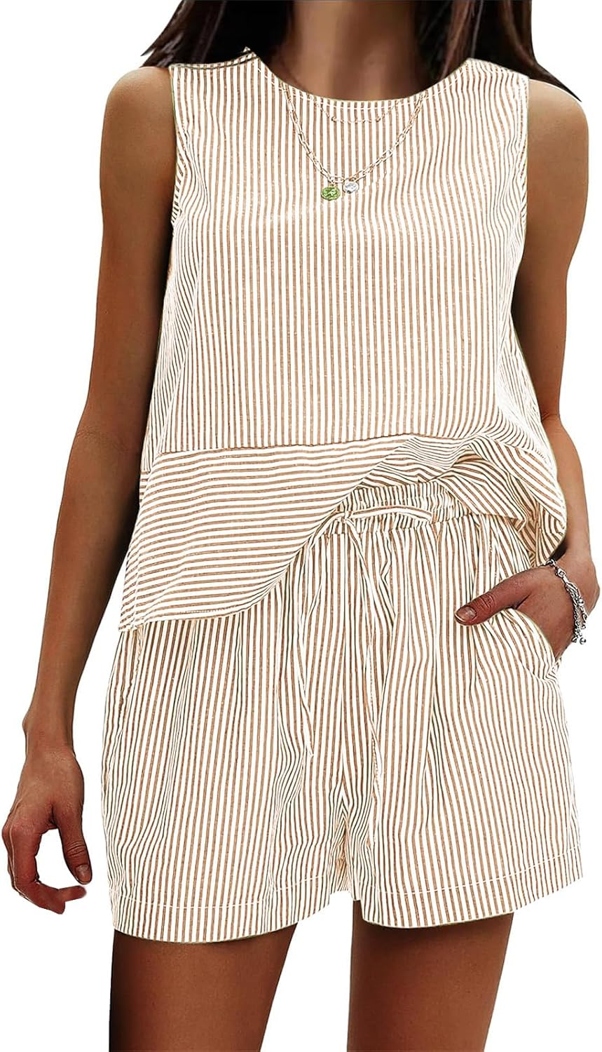 Womens Striped Sleeveless Sets - Summer 2 Piece Crewneck Tank Top Drawstring Waist Shorts Matching Sets, Casual Lounge Outfit for Beach Vacation Travel Daily Wear image number 3