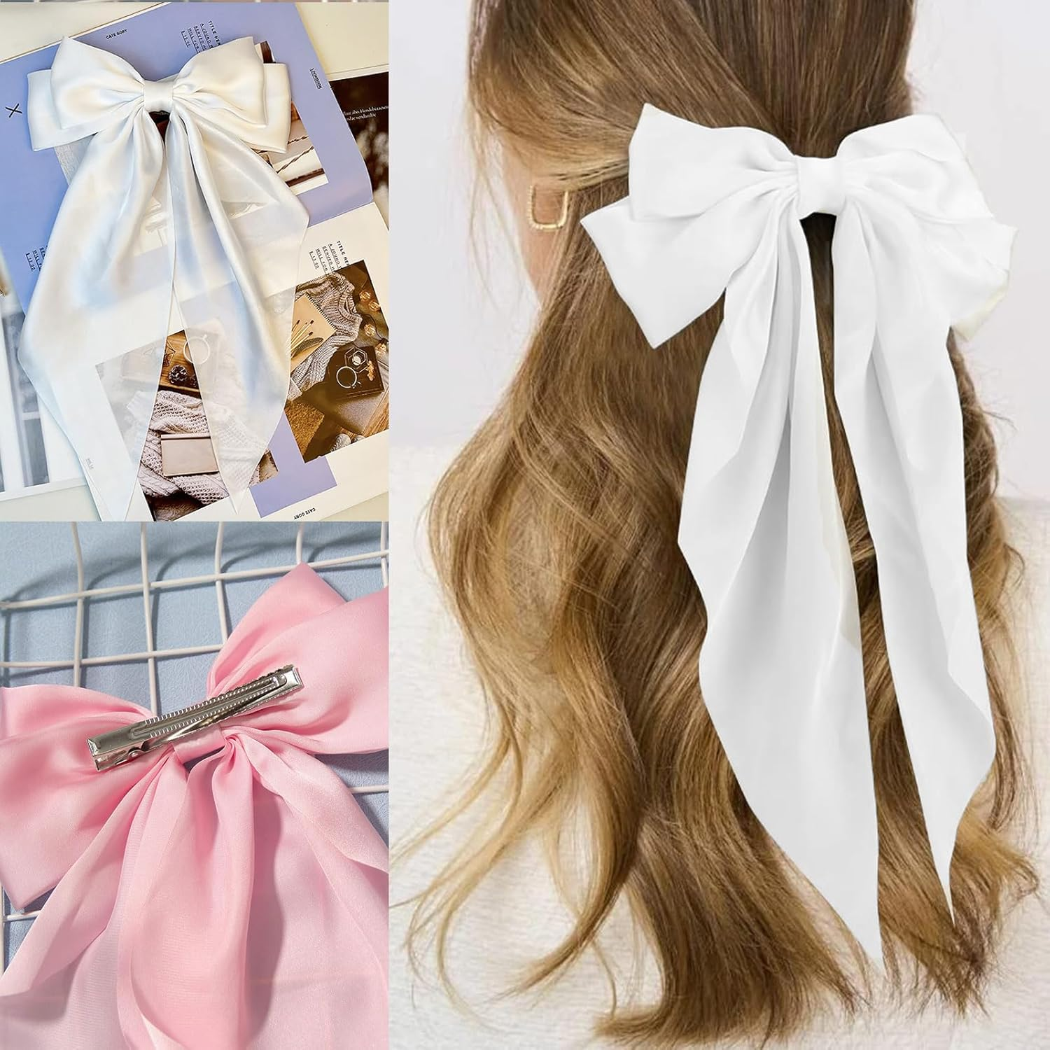Kinretixia&reg; 2 Pieces Hair Bow Clips for Women Large Satin Hair Bows Long Tail Alligator Clips Big Hair Bow Girls Hair Pink/White image number 4