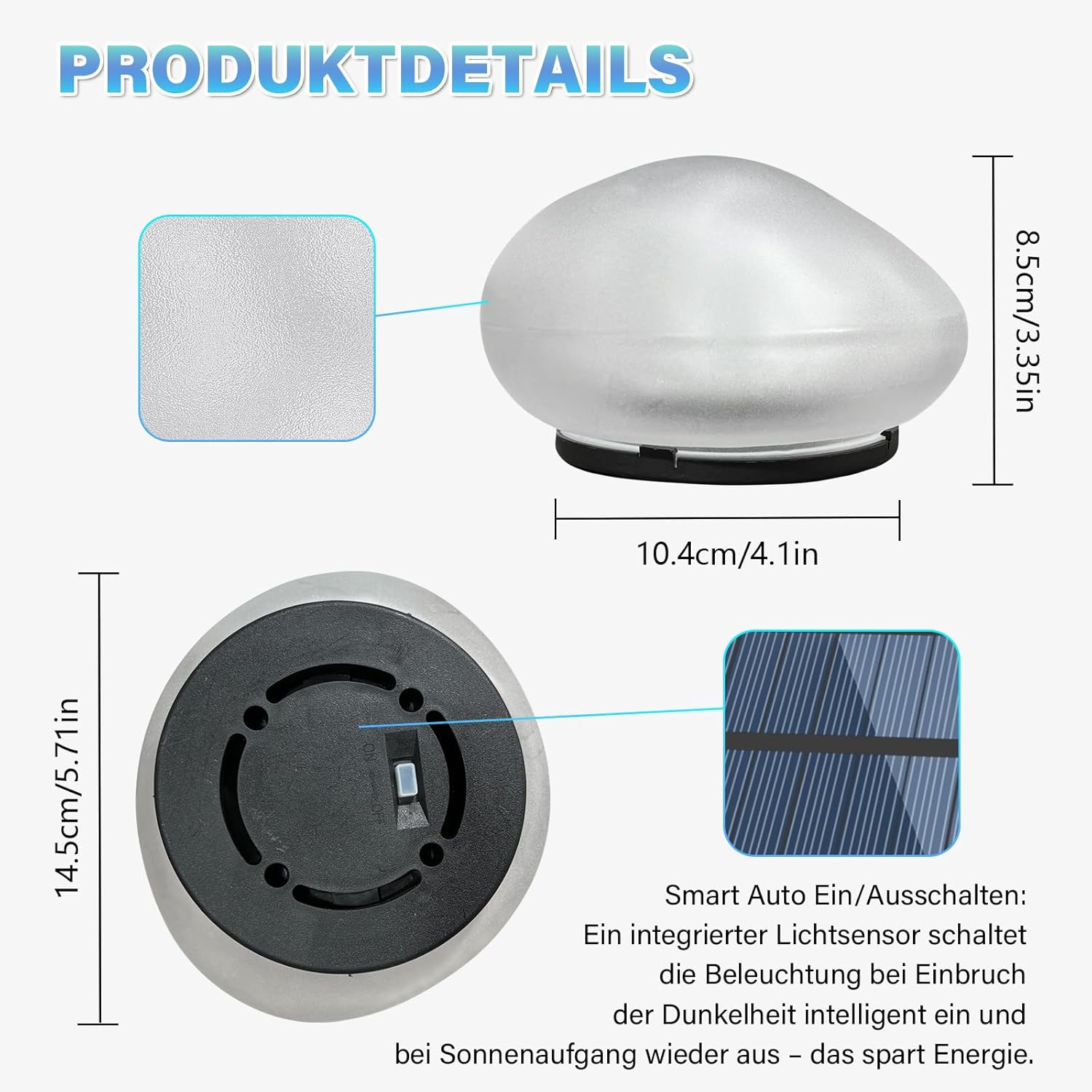 1 X Cool White Light Solar Glass Stone Lamp, Solar Path Light Path Light Pond Lighting with 4 Leds, IP44 Waterproof Auto On/Off Garden Ornaments for Lawn, Floor and Outdoor Use