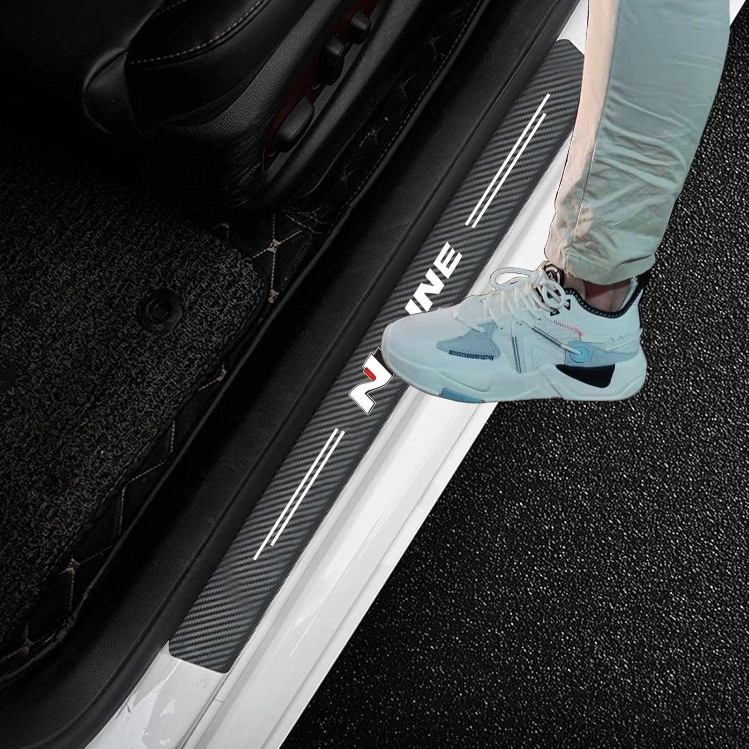 4Pcs N Line Decal Stickers Carbon Fiber Leather Car Door Sill Decoration Scuff Plate for Hyundai N Line Car (Please Pay Attention to the Size! Sticker Size: 23.6 * 2.75 Inches，15.7 * 2.75 Inches) image number 5