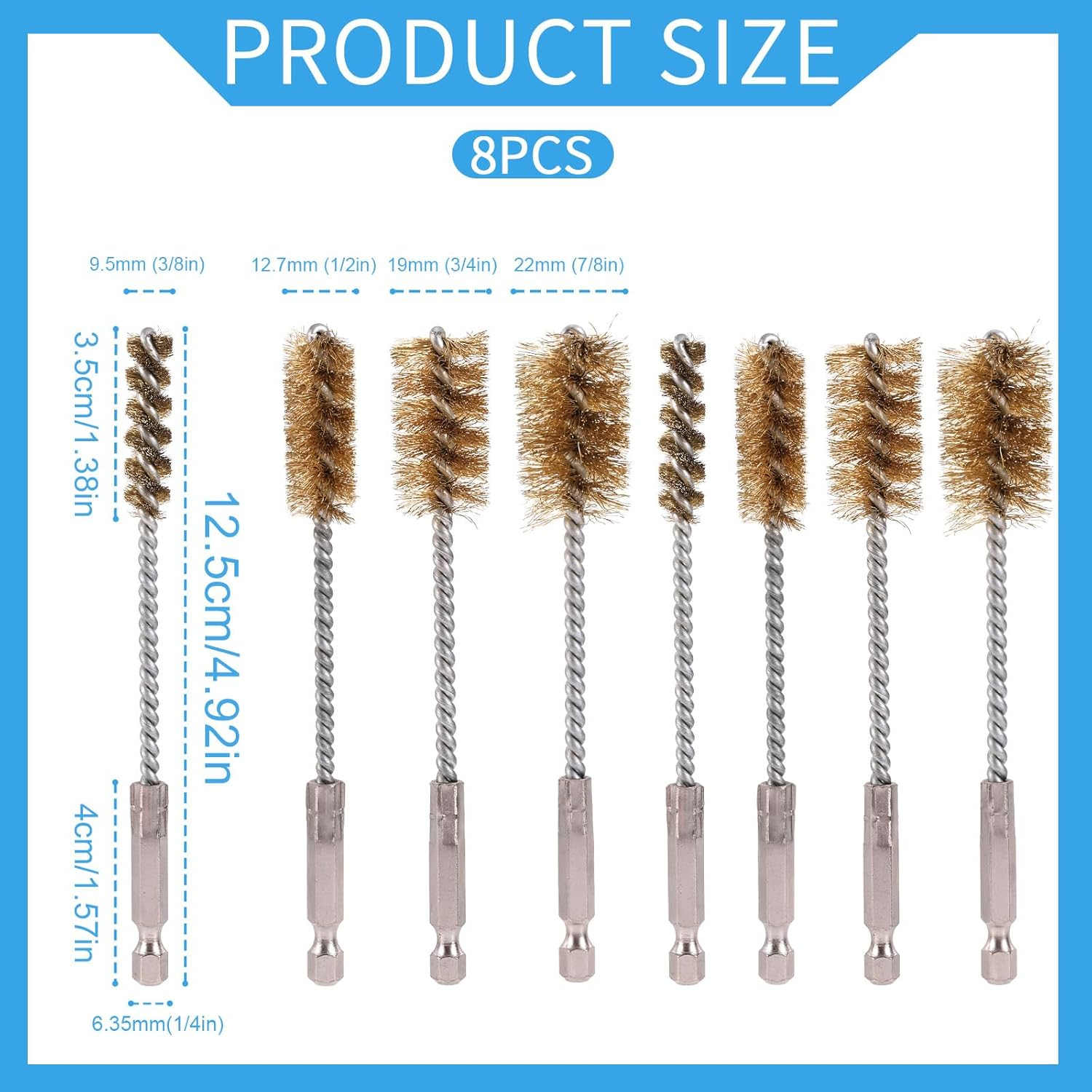 8Pcs Bore Brush for Drill, Brass & Stainless Steel Wire Brushes with 1/4" Hex Shank Twisted Wire Cleaning Tools for Power Drill Impact Driver & Tube Cleaning, 3/8'' 1/2'' 3/4'' 7/8'' Diameter image number 2