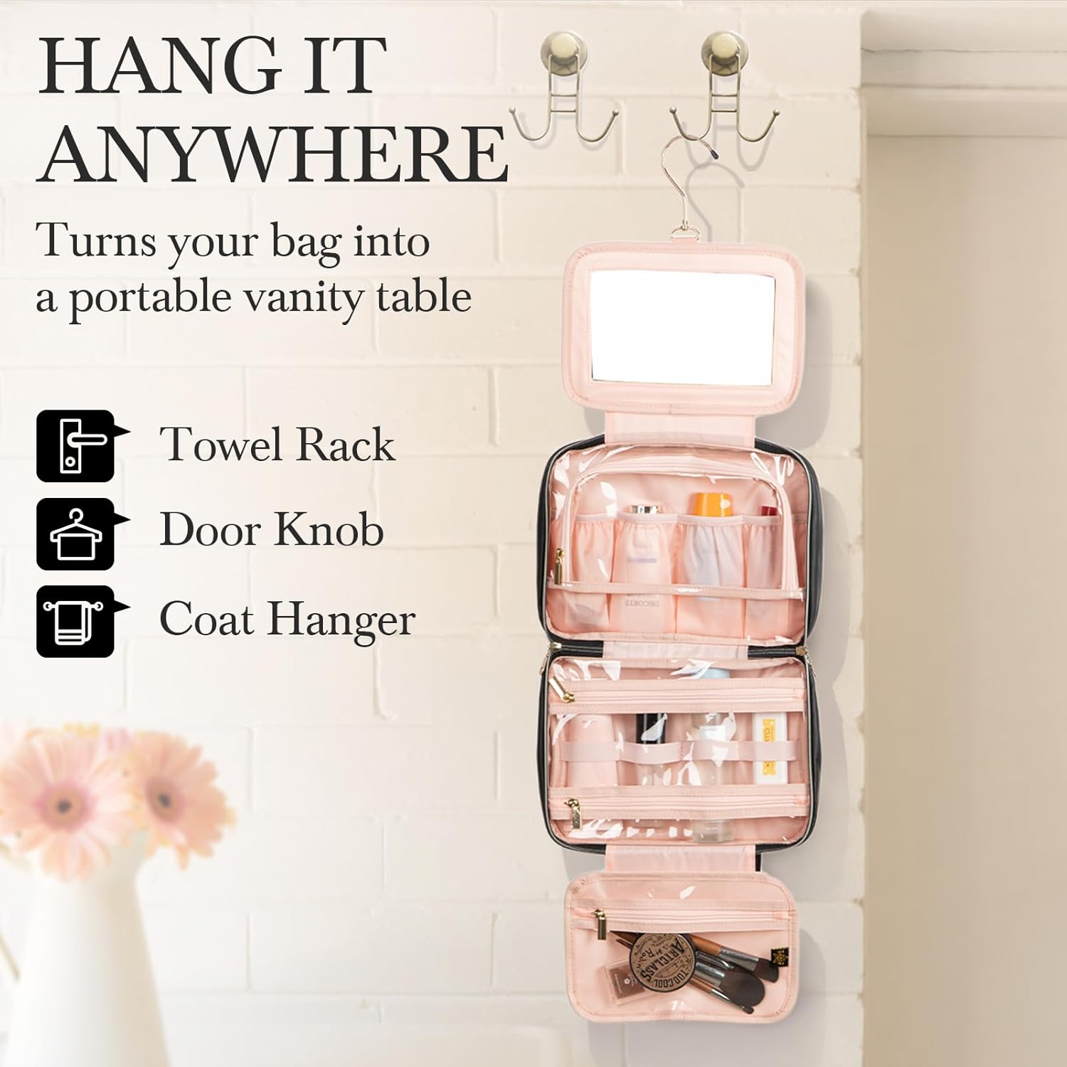 Elite Dance Gear Travel Toiletry Bag with Mirror - Cosmetic Bag with Hanging Hook for Women & Men - Container for Travel Accessories, Essentials, Toiletries, Jewelry, Black, Toiletry Bag with Rack image number 2