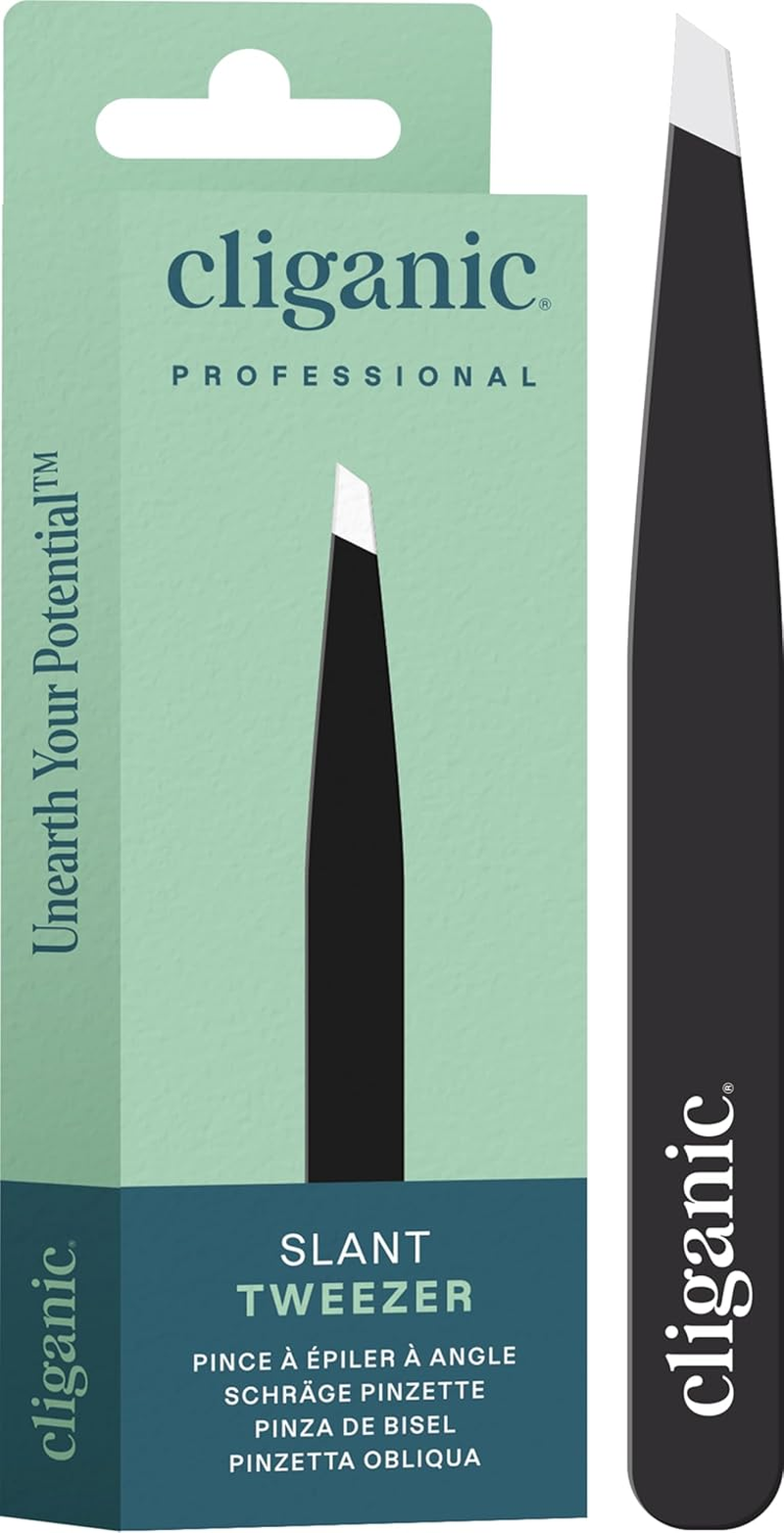 Cliganic Professional Eyebrow Tweezers Slant Tip Precision for Men & Women, Stainless Steel Best for Plucking Chin Facial Hair