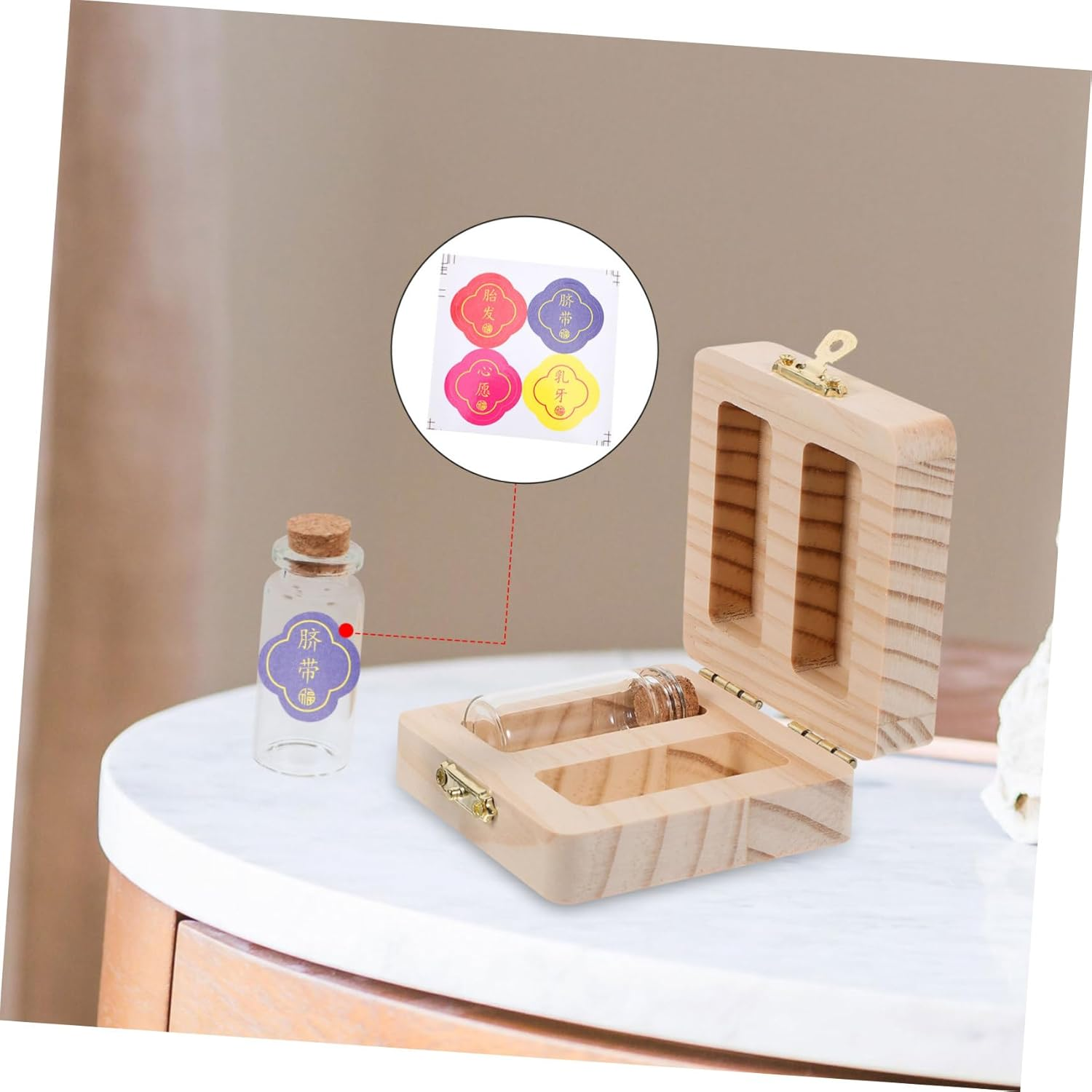 Beaupretty Wooden Fetal Hair and Umbilical Cord Preservation Box for Baby Keepsake 2 Bottle Slots Infant Souvenir Storage Organizer for Newborn Memory Collection image number 2