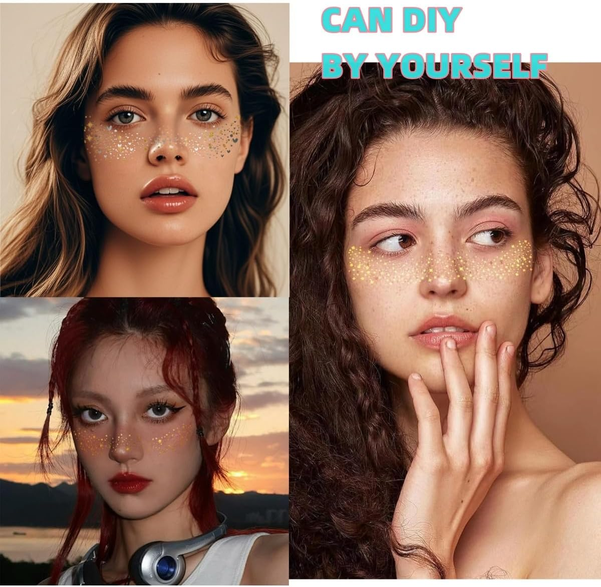 HIDOSNG 6PCS Glitter Freckles Face Tattoo, Gold Star Sparkle Freckles Makeup Patches(Gold05) (Gold07) image number 4