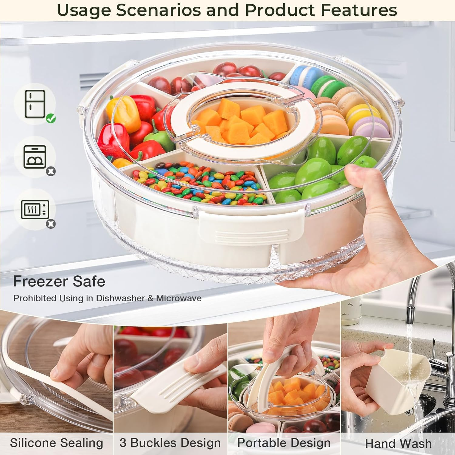 12In Divided Serving Tray with Lid and Handle, 360&deg; Rotation Large Snack Box Container, Multi-Purpose Veggie Tray, Snack Tray, Fruit Trays for Party Home Travel image number 2