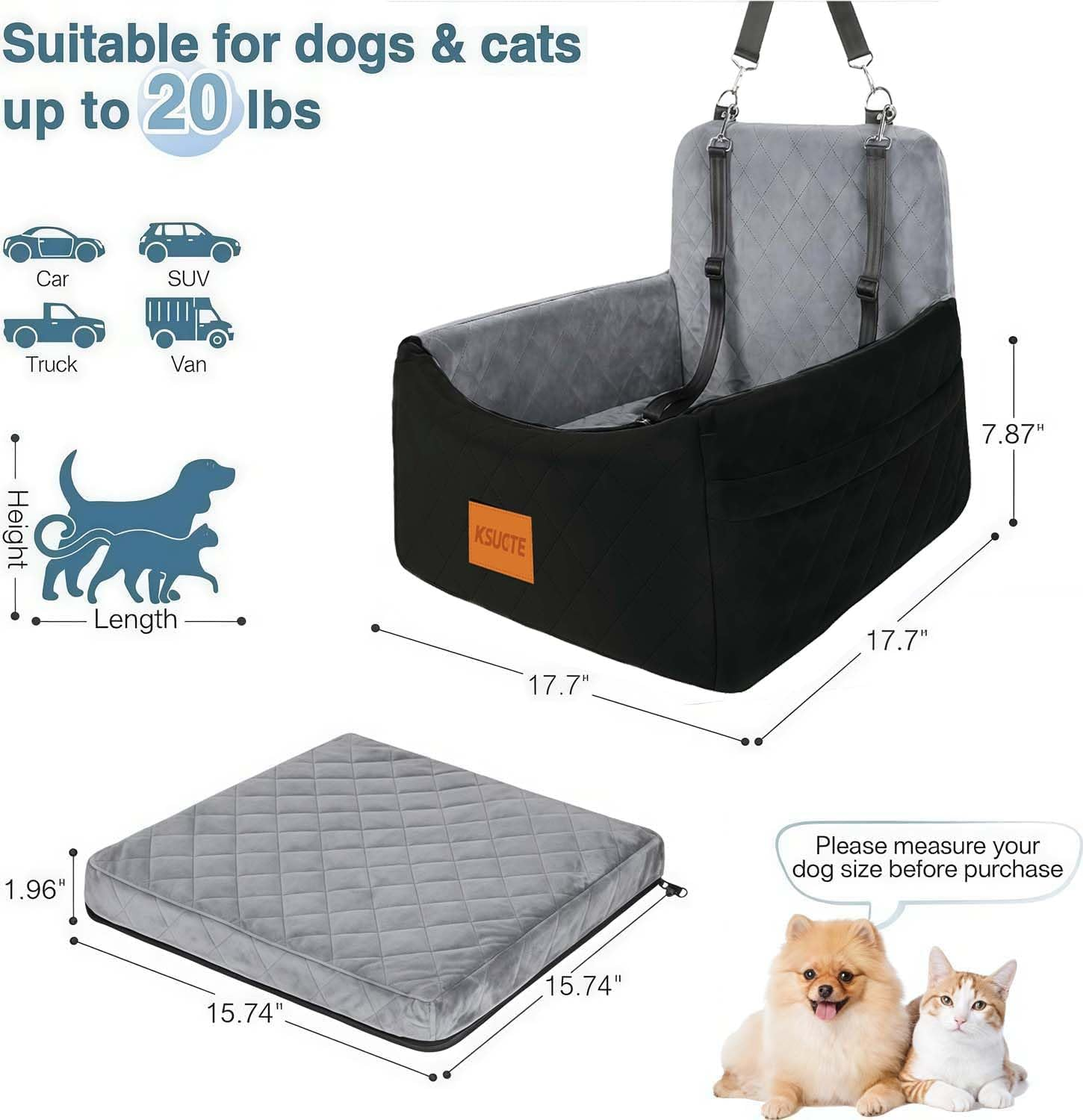 Dog Car Seat for Small Dogs under 30Lbs, Comfy Travel Bed with Washable Cover, 2 Safety Leashes & Storage Pockets, Anti-Slip Base, Easy Install for Cars & Suvs (Black/Grey, 45 * 45 * 35Cm) - Black image number 4