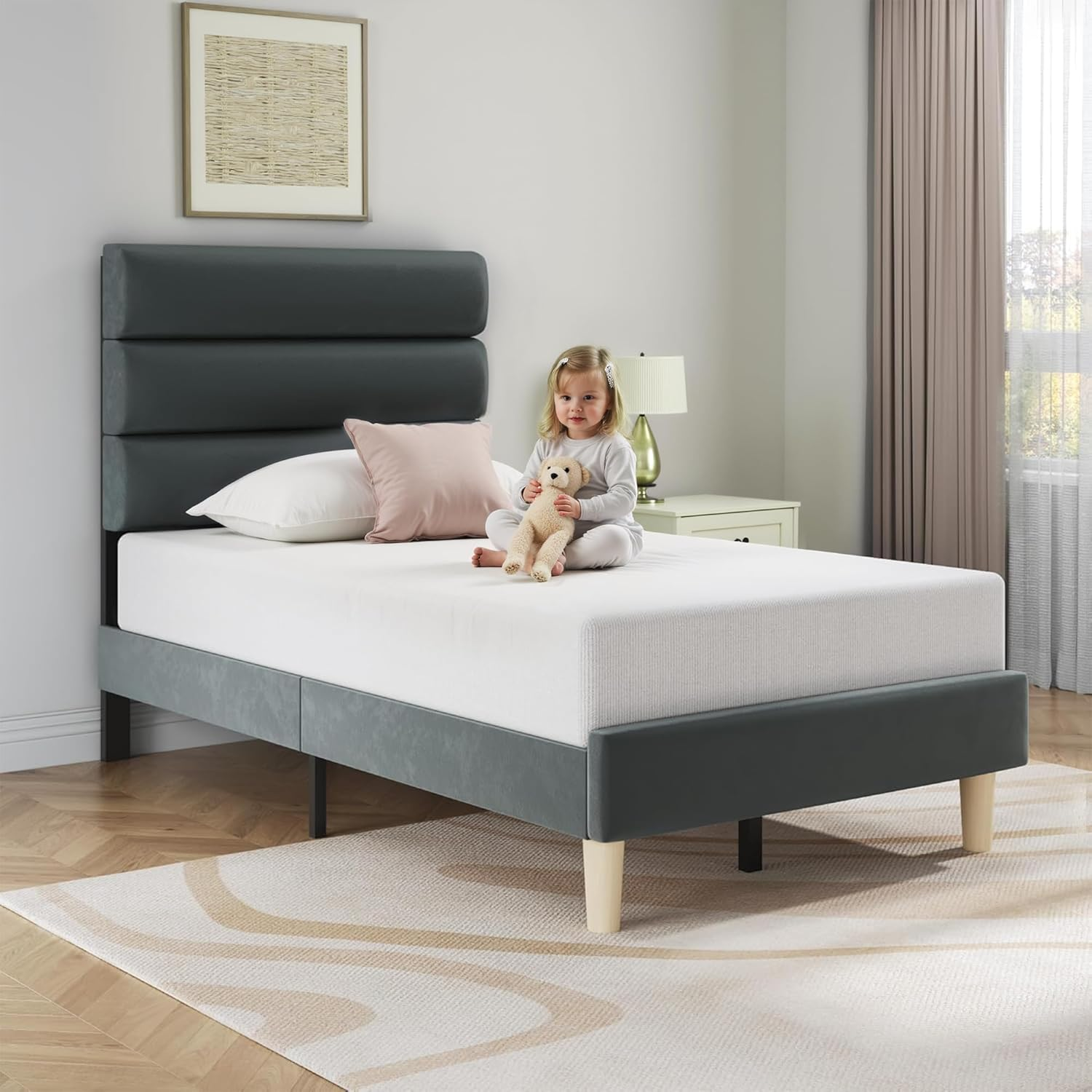 Velvet Upholstered Twin Bed Frame - No Box Spring Needed Platform Bed with Storage Space & Noise-Free Metal Support, Easy Assembly Modern Bedroom Furniture (Grey, Twin) image number 6