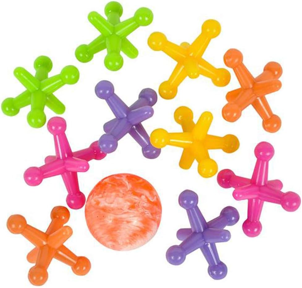 Artcreativity Large Neon Jacks Game, 3 Sets, Each Set with 10 Plastic Jacks and 1 Marbleized Rubber Ball, Vintage Toys, Fun Activity for Kids, Birthday Party Favors for Boys and Girls