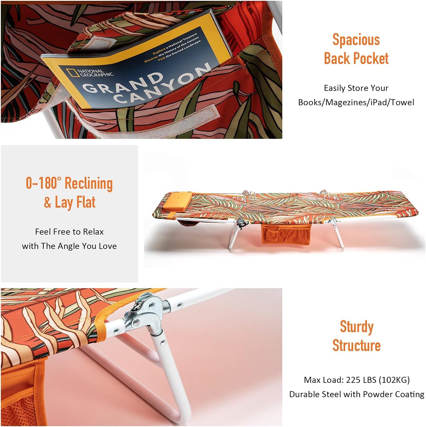 Sunnyfeel Folding Beach Lounge Chair with Detachable Pillow, Chaise Longue Exterieur, Sun Lounger for Adults Outdoor Camping (Orange) image number 1