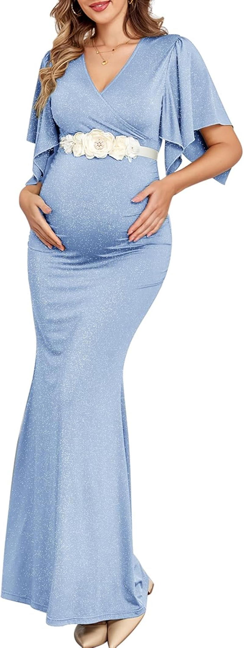 Maxi Maternity Dress with Flower Sash Semi Formal Baby Shower Wedding Guest V-Neck Handkerchief Sleeves Elegant, Sparkly Light Blue, without Flower Sash, Medium image number 1