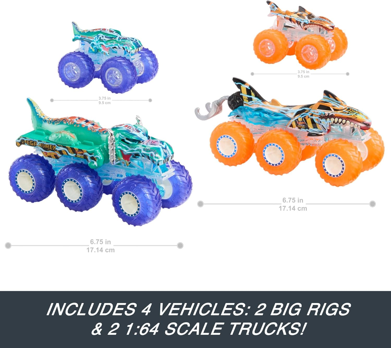 Hot Wheels Monster Trucks Toy Truck & Big Rig Multipack, Mega Wrex & Tiger Shark in 1:64 Scale with Big Rigs in Matching Power Smashers Decoration, HYJ29 image number 3