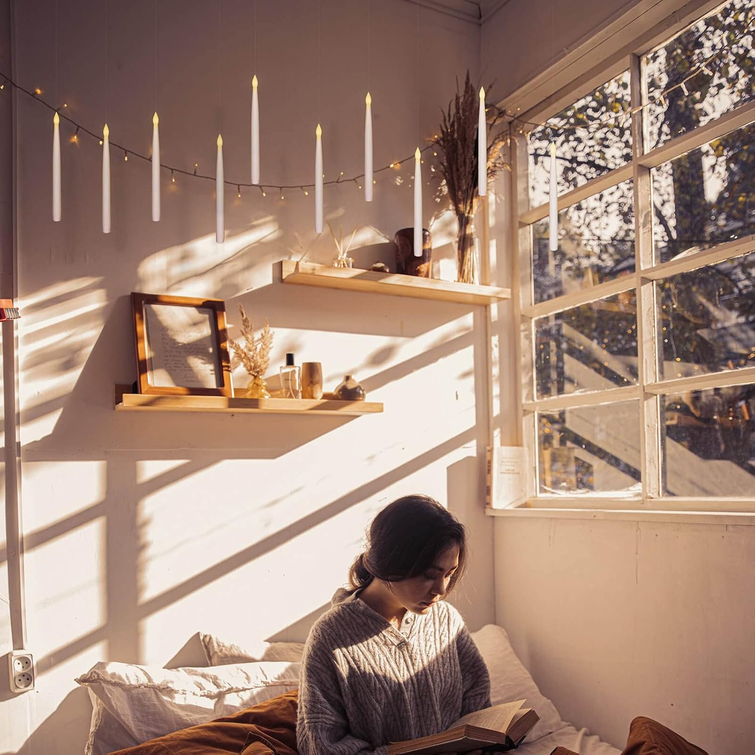 Leejec 10Pcs Flameless Taper Floating Candles with Magic Wand Remote, Halloween Decorations, Indoor Christmas Home Decor, Flickering Warm Light, Battery Operated 10.8" LED Electric Window Candle image number 4