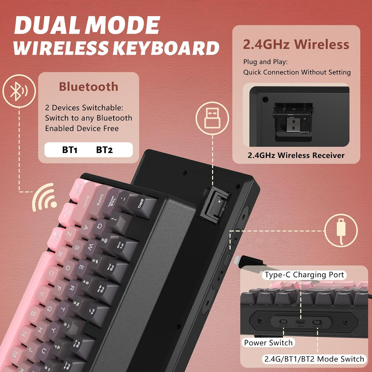 ZIYOU LANG X Attack Shark M87 75% Wireless Gaming Keyboard Mechanical Feel Silent Rainbow Backlit Bluetooth/2.4Ghz PBT Gradient Keycaps Rechargeable 4000Mah Battery Ergonomic for Mac/Win/Pc-Pink - Purple image number 6