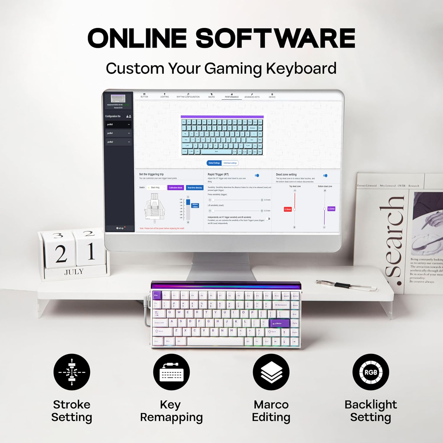 Mechlands Aula Hero84 HE Wired Magnetic Gaming Keyboard, Rapid Hall Effect Keyboard with 0.01Mm Adjustable Actuation, 8Khz Polling, 5-Layer Sound Dampening, RGB Lightbox & Backlit (White Purple) image number 3