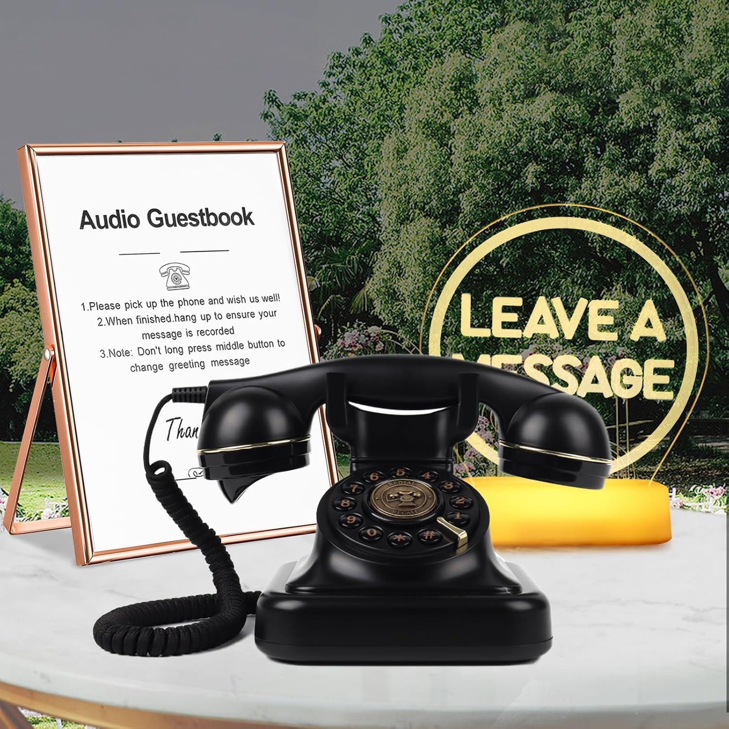 Audio Guest Book Phone, Retro Style Antique Audio Guestbook Phone with Free LED Wedding Sign and A5 Vertical Photo Frame (Black)