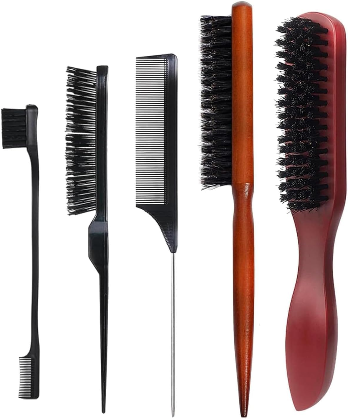 Boar Bristle Slick Back Hair Brush Teasing Comb, 5Pcs anti Static Quiff Roller Hair Brushes,Slick Back Hair Brushes Boar Bristle Hair Brush with Plastic Comb and Eyebrow Brush