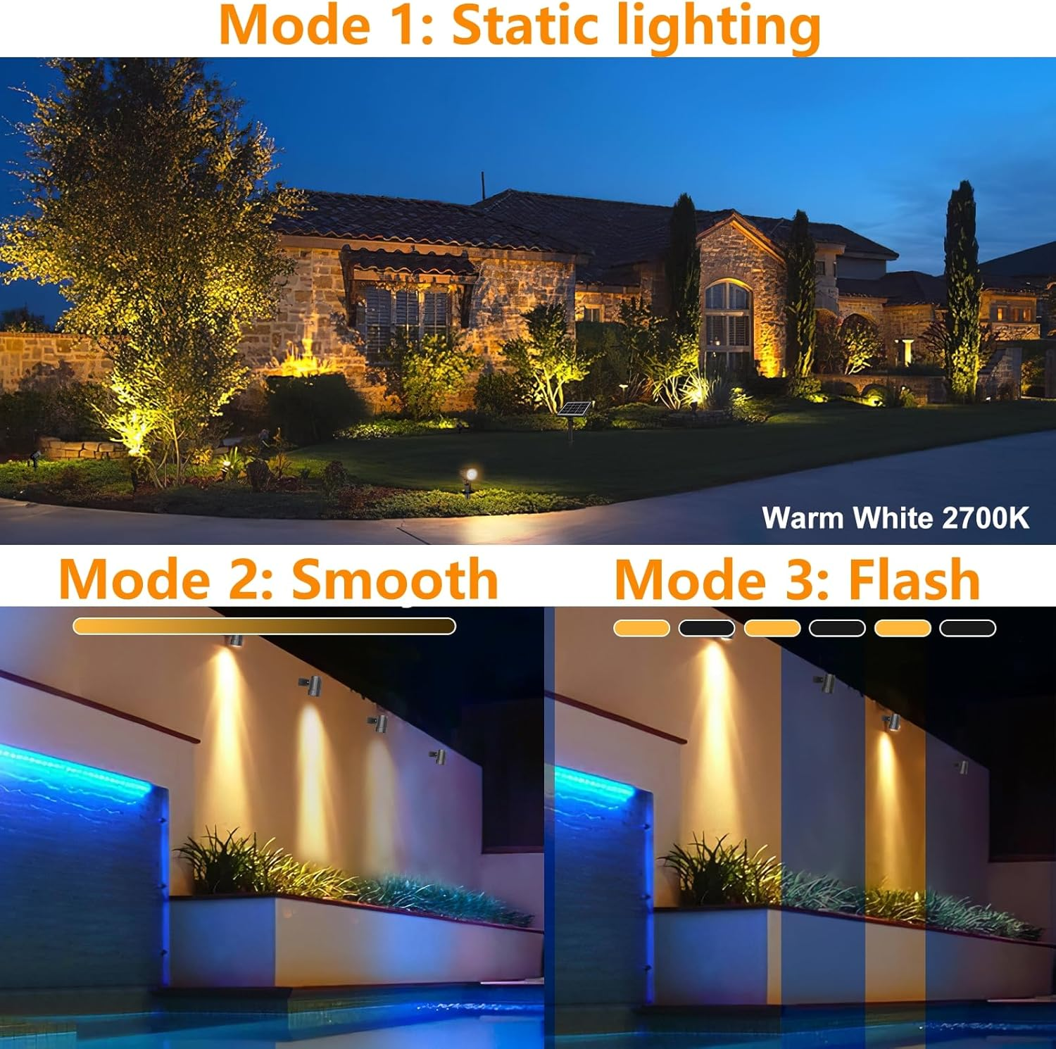 MEIKEE Solar Spot Lights Outdoor 3 in 1 Warm White 3000K LED Spotlights with Solar Panel, 3 Modes & 3 Brightness, IP66 Waterproof, 8-20H Autonomie Landscape Lighting for Garden Yard Lawn Tree Path image number 3