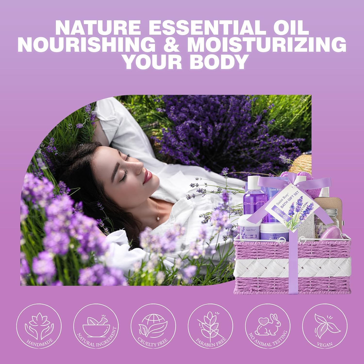 Bath Gift Basket for Women & Men, Luxury Self Care Home Spa Kit Lavender Bath Gift Basket 20Pcs Includes Nail Clippers Set, Pumice Stone, Bath Bomb, Candle, Bath Gloves & More Christmas Spa Gifts Mom image number 5