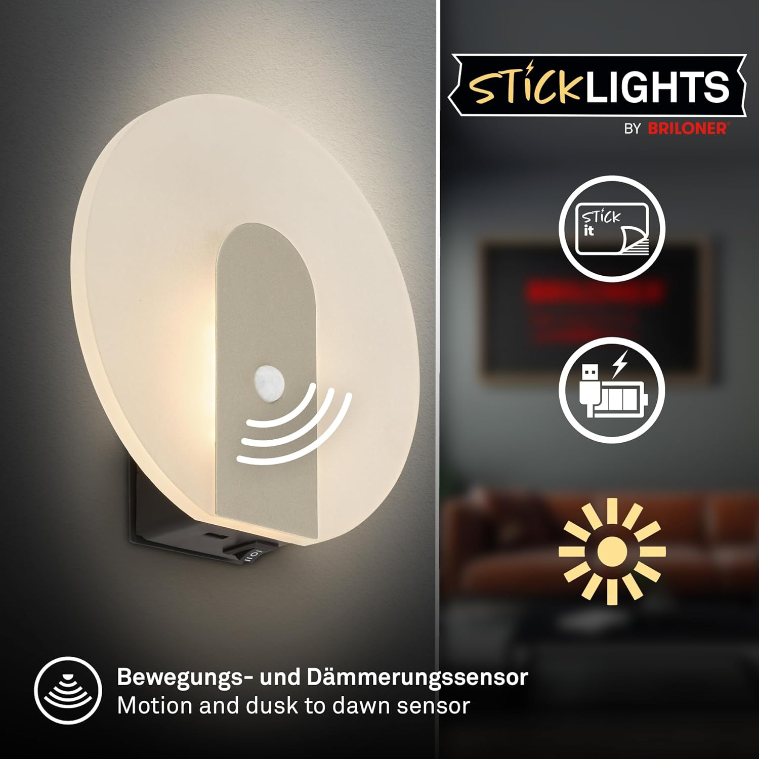 BRILONER Sticklights LED Wall Light without Power Connection and No Drilling with Motion Sensor, Battery, Magnetically Removable, Wall Lamp for Gluing, Reading Lamp, Hallway Lamp, 15 X 3.7 X 14.7 Cm image number 3