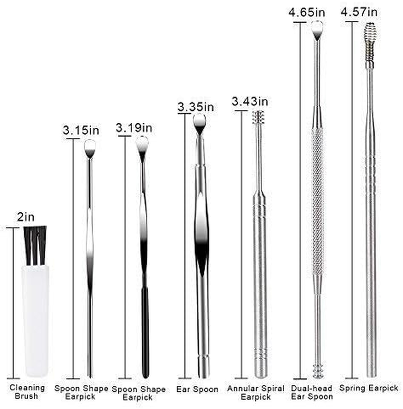 Betybedy 7 Pcs Ear Pick Cleansing Tool Set, Curette Earwax Removal Kit with Small Cleaning Brush and Storage Box, Silver