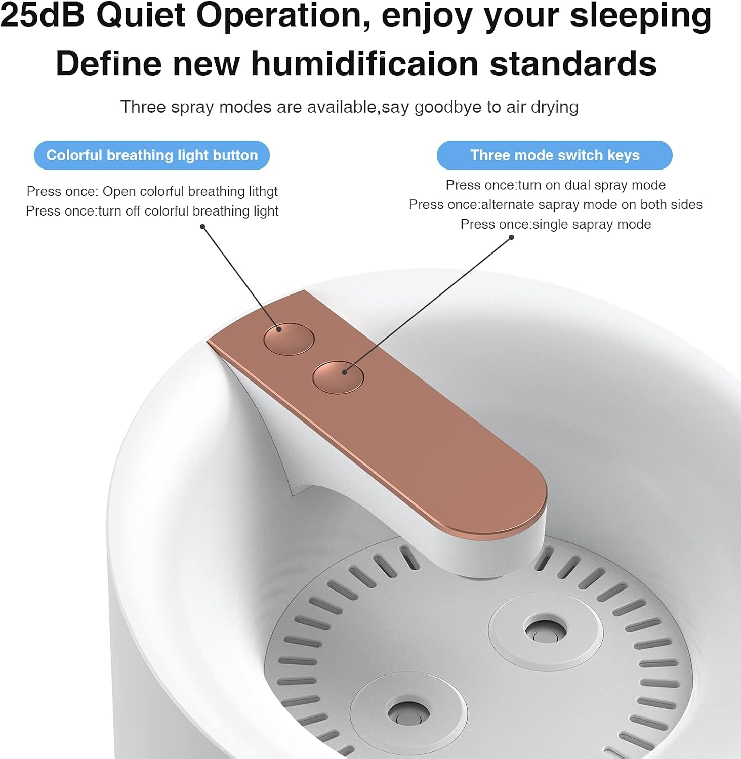 Air Humidifier for Bedroom, 3L Cool Mist Humidifier with Humidity Monitoring Top Fill, Quiet Operation, 7 Color Night Light Function, Auto Shut-Off, Double Nozzle, White image number 3