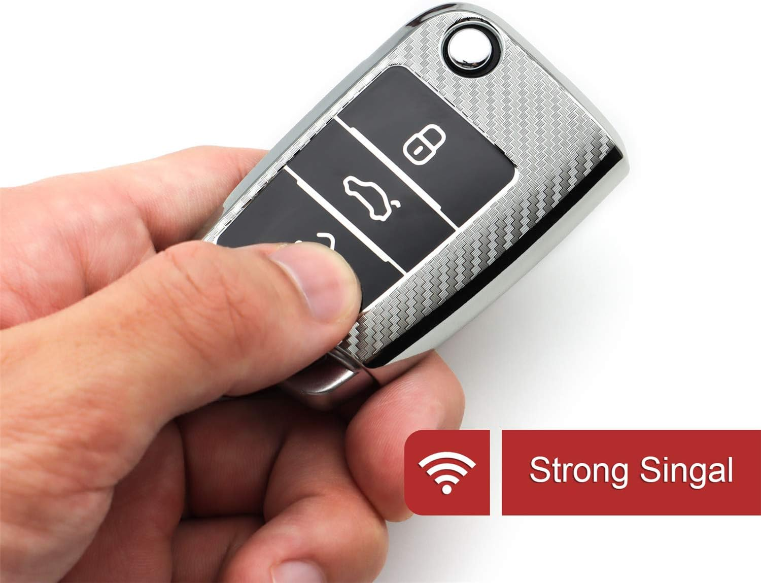 M.Jvisun Soft Carbon Fiber Finish Car Key Fob Cover for Volkswagen Atlas Golf Jetta Polo for Tiguan for Skoda Kodiaq Karoq for Audi A1 for Seat Ateca Leon Flip Key TPU Case with Keychain - Silver image number 2