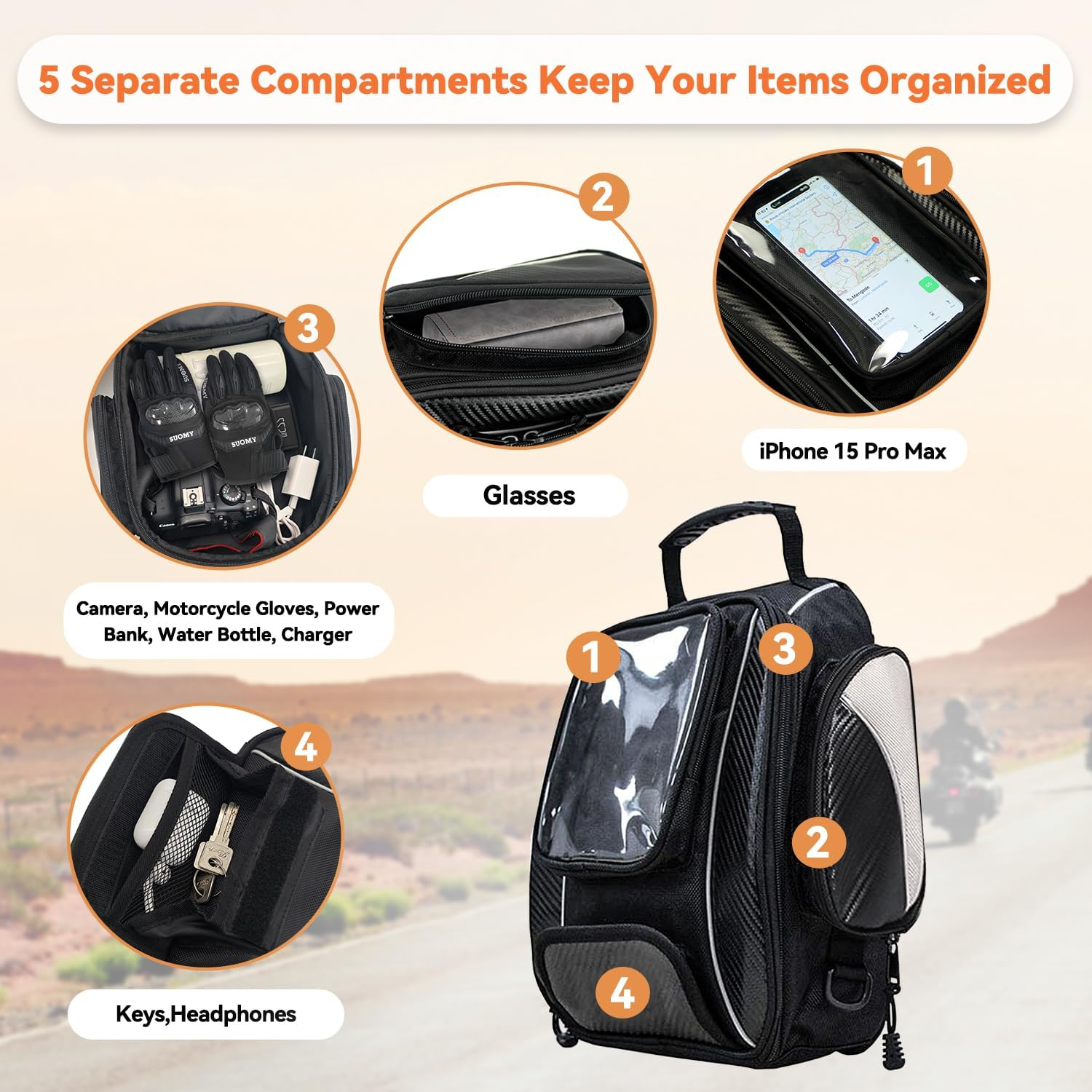 Dracarys Motorcycle Tank Bag - Waterproof Oxford Saddle Black Motorbike Bag - Universal Strong Magnetic Bag for Honda Yamaha Suzuki Kawasaki Harley - image number 2