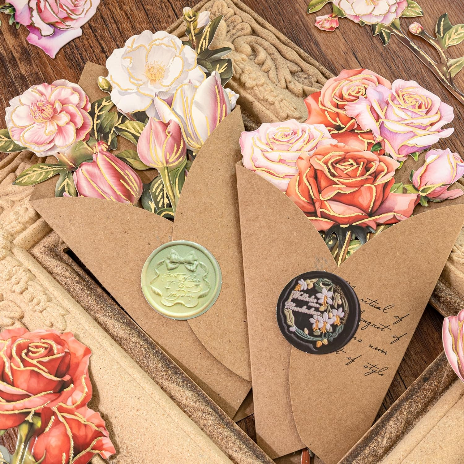 Flower Bouquet Craft Kit DIY Paper Rose Bouquet Thick Paper Cutout of Tulip with Long Branch Camellia Foil Stamping Peony Die-Cut Hard Floral Bunch for Scrapbooking Card Making Mother'S Day (Kary) image number 2