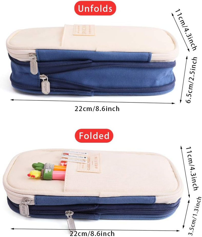 Isuperb Large Pencil Case Pen Holder with Zipper Beige and Blue Colour Clash Pencil Bag with Compartment Large Capacity Canvas Stationery Storage Bag Deformable Zipper Pencil Box for School or Office image number 2