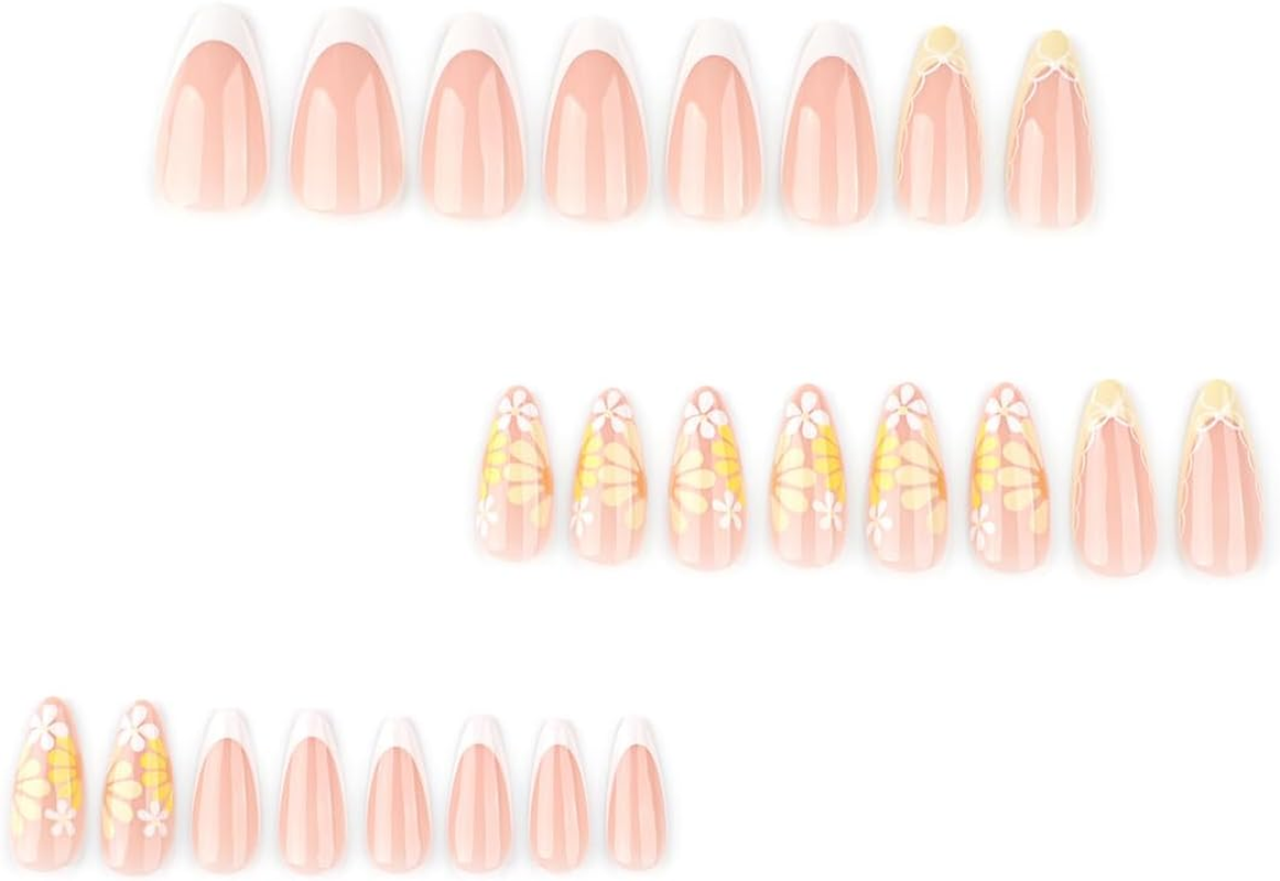 Flowers Press on Nails 24 PCS Medium Almond Fake Nails Glossy French False Nails Summer Nail Tips Full Cover Stick on Nails for Women and Girls image number 3