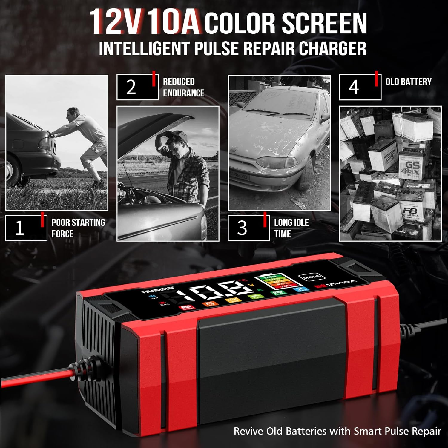 10-Amp Car Battery Charger, 12V/10A Smart Battery Charger Automotive Battery Maintainer with Pulse Repair, Trickle Charger for Car Truck Motorcycle Lawn Mower Boat (Red,Black) image number 4