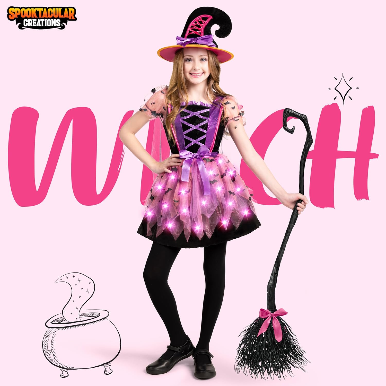 Spooktacular Creations Girls Light up Witch Costume, Kids Witch Costume with Hat and Broom for Toddler Halloween Dress Party image number 5
