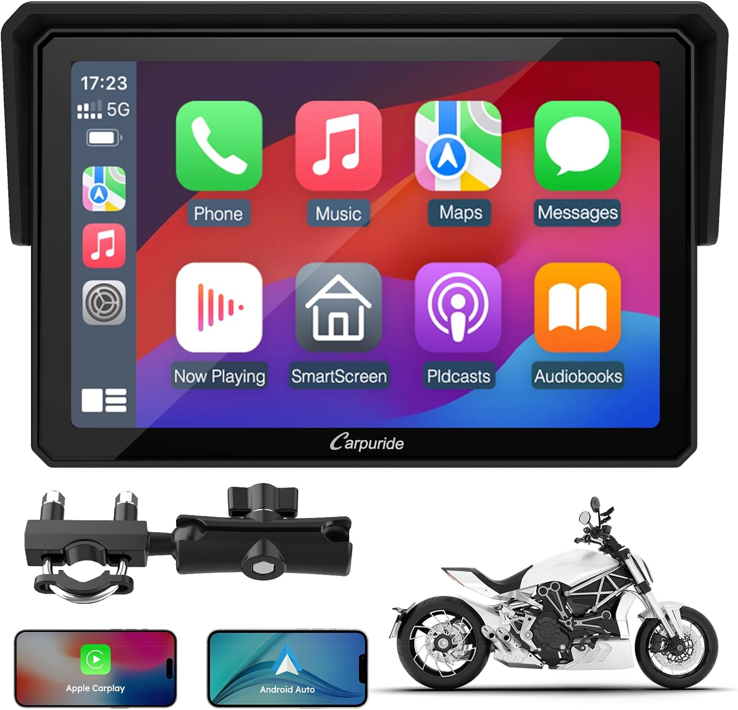 Carpuride W502 Motorcycle GPS Wireless Portable Carplay/Android Auto Waterproof Car Stereo, 5" IPS Touch Screen with Dual Bluetooth, Navigation/Siri/G00Gle Assistant for Motorbike image number 3