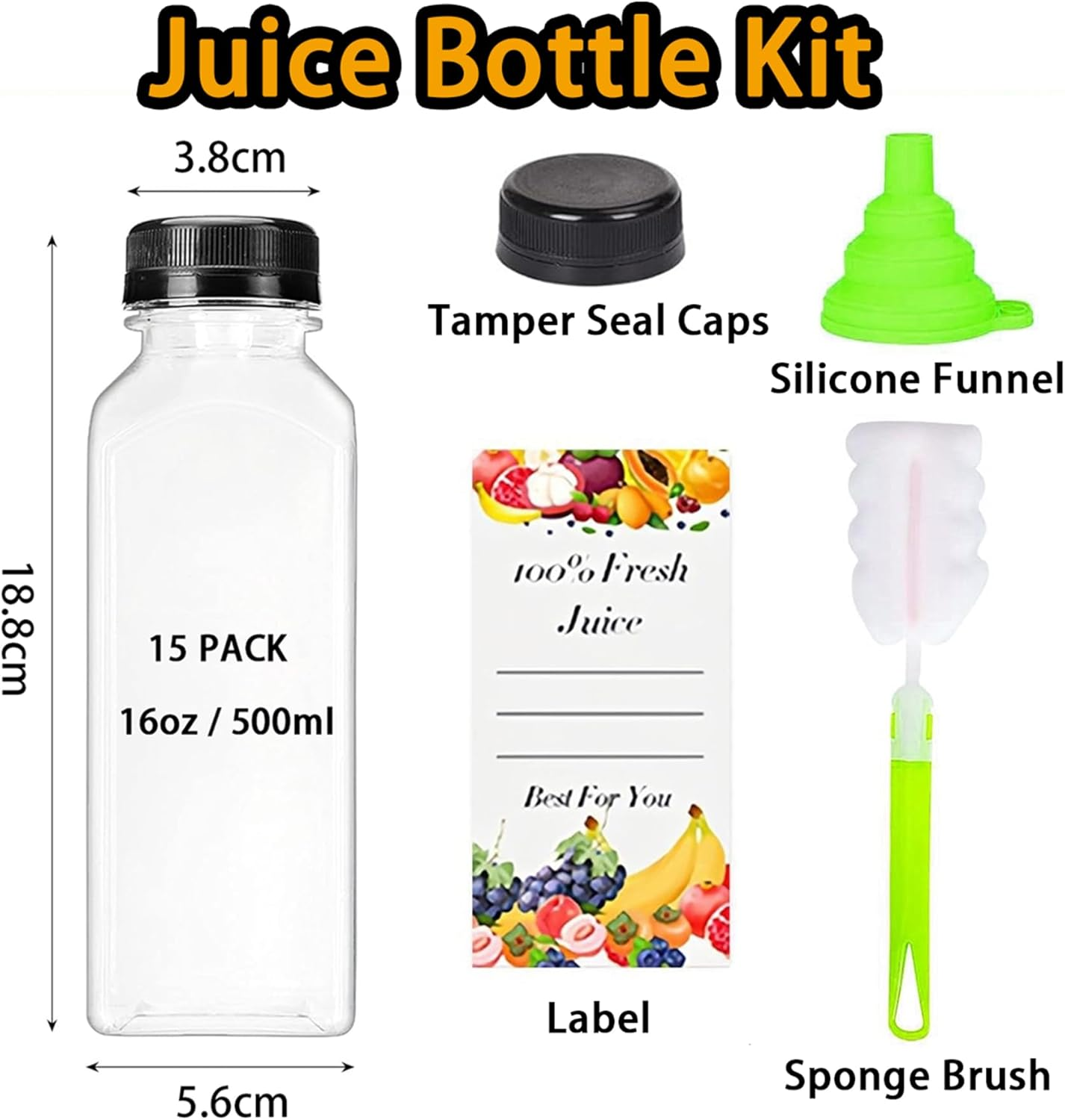 FORYUSE 15Pack 500Ml Plastic Juice Bottles with Caps Clear Reusable PET Containers for Juicing, Milk, Smoothie, Drink with Tamper Proof Lids, Labels, Bottle Brush image number 5