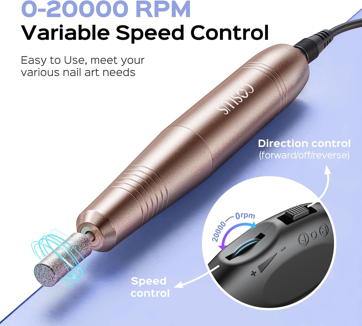 Electric Nail Drill Portable Professional: COSLUS Rechargeable Nail File for Acrylic Gel Dip Nails, Manicure and Pedicure Polishing Set, Nail Drill Bits, Sanding Bands, Suitable for Home Salon Gold image number 3