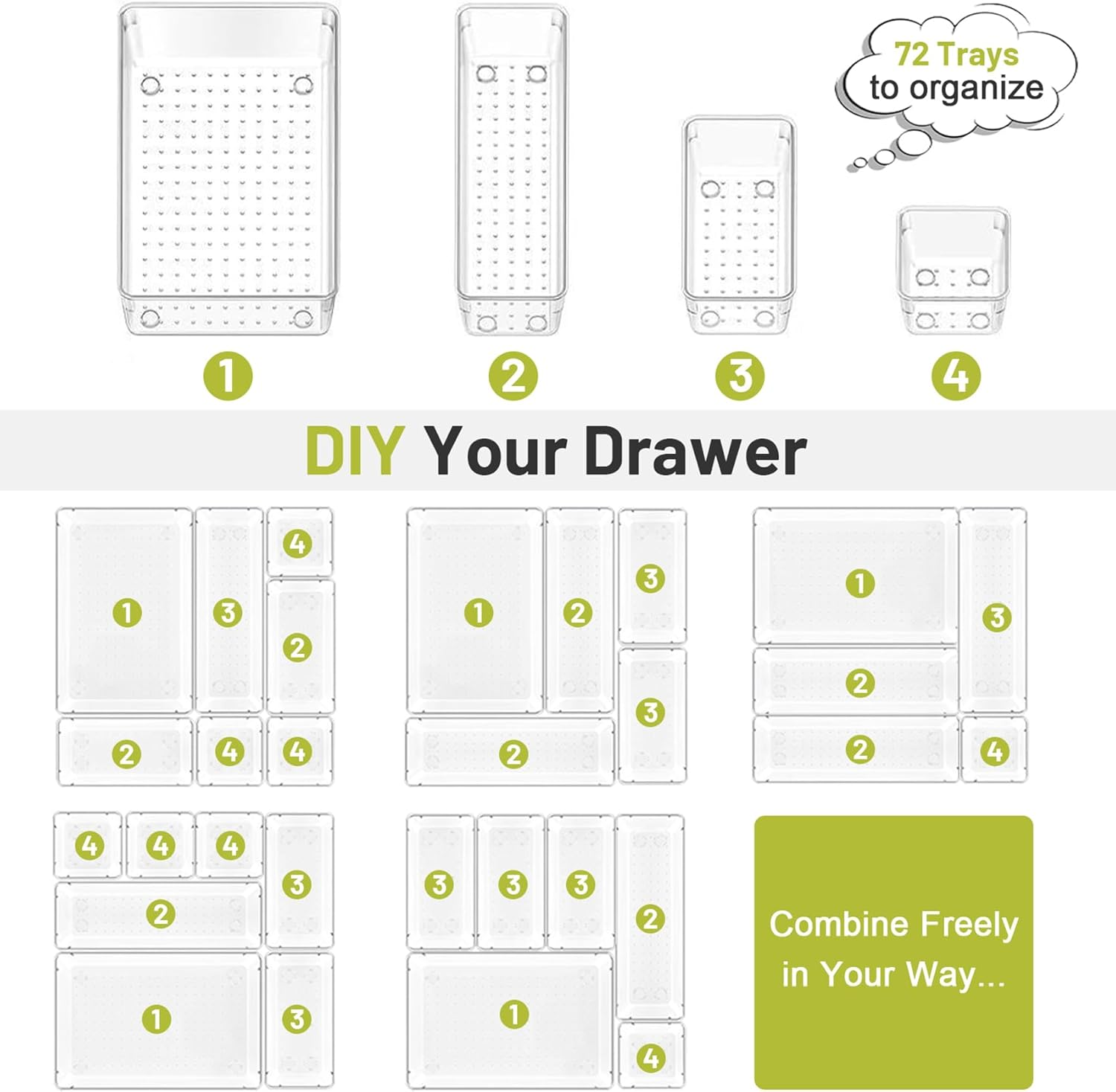 72 Pcs Drawer Organisers Set, 4 Sizes Clear Plastic Drawer Organizer and Vanity Organiser Trays, Desk Drawer Organizer Trays for Makeup, Jewelries, Bathroom, Kitchen Utensils and Office