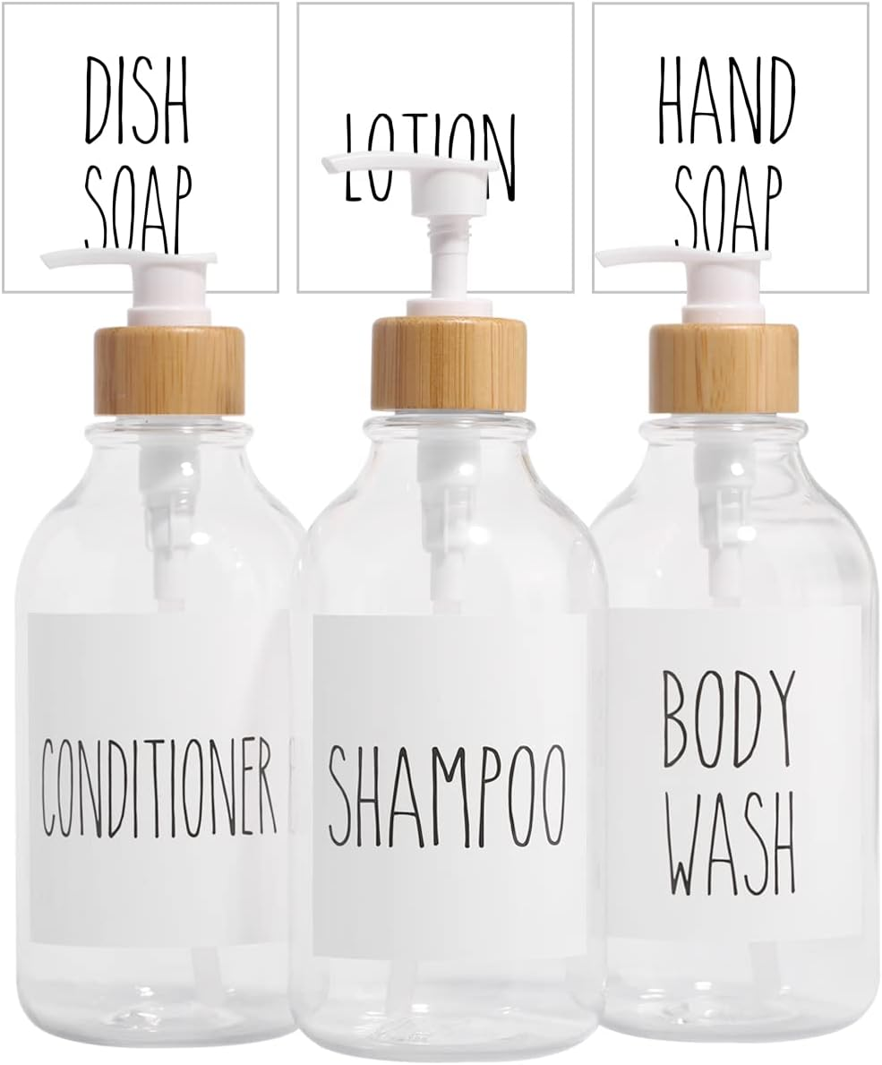 Shampoo and Conditioner Dispenser-Set of 3-16 Oz Reusable Pump Bottle Dispenser for Bathroom with 6 Waterproof Stickers - Empty Plastic Refillable Containers for Shower (Clear) image number 1
