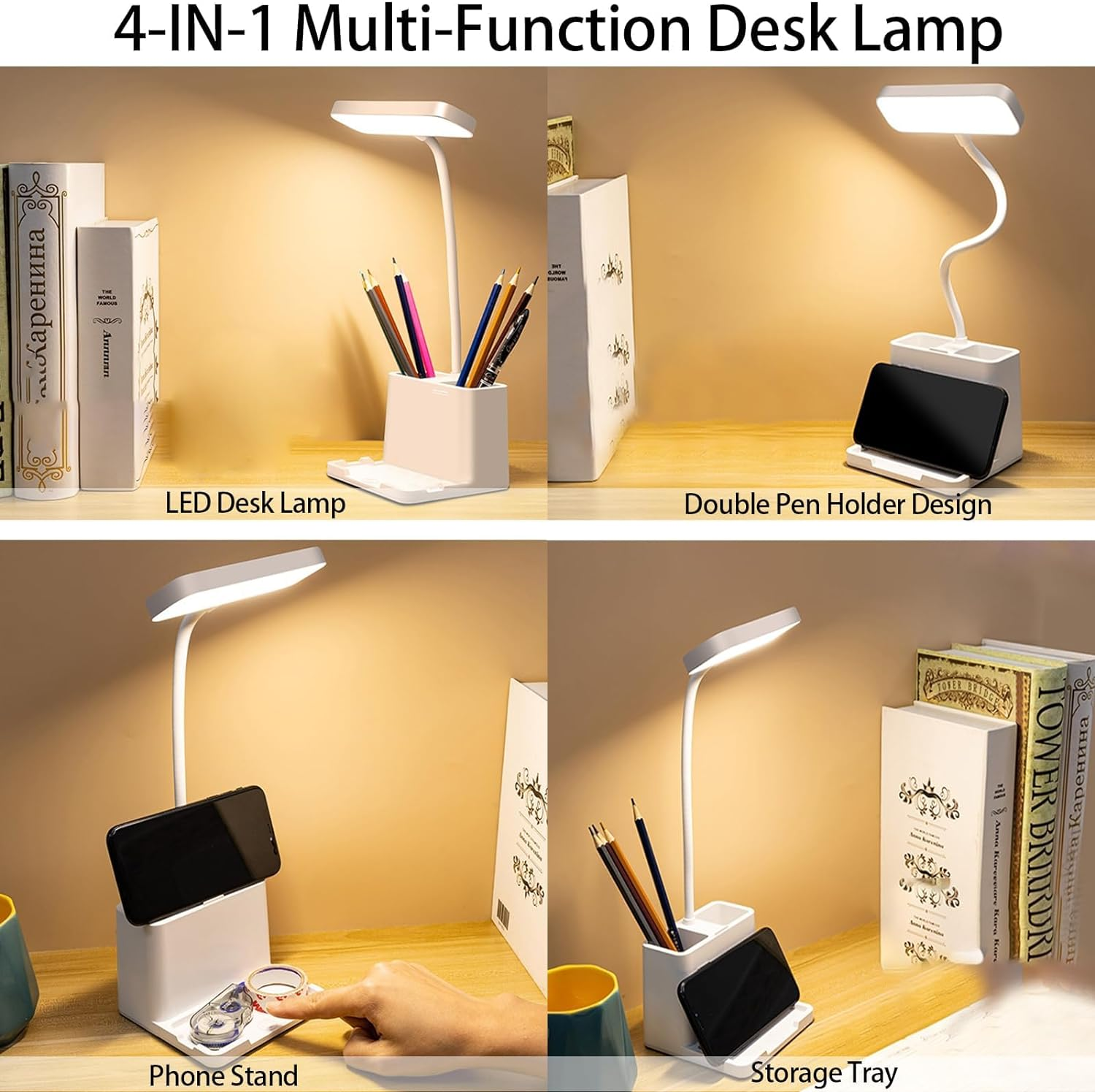 Cordless Desk Lamp, LED Desk Lamp with Pen/Phone Holder, Rechargeable Study Table Lamp with 360&deg; Gooseneck, for Kids/Student/College Dorm/Office image number 4