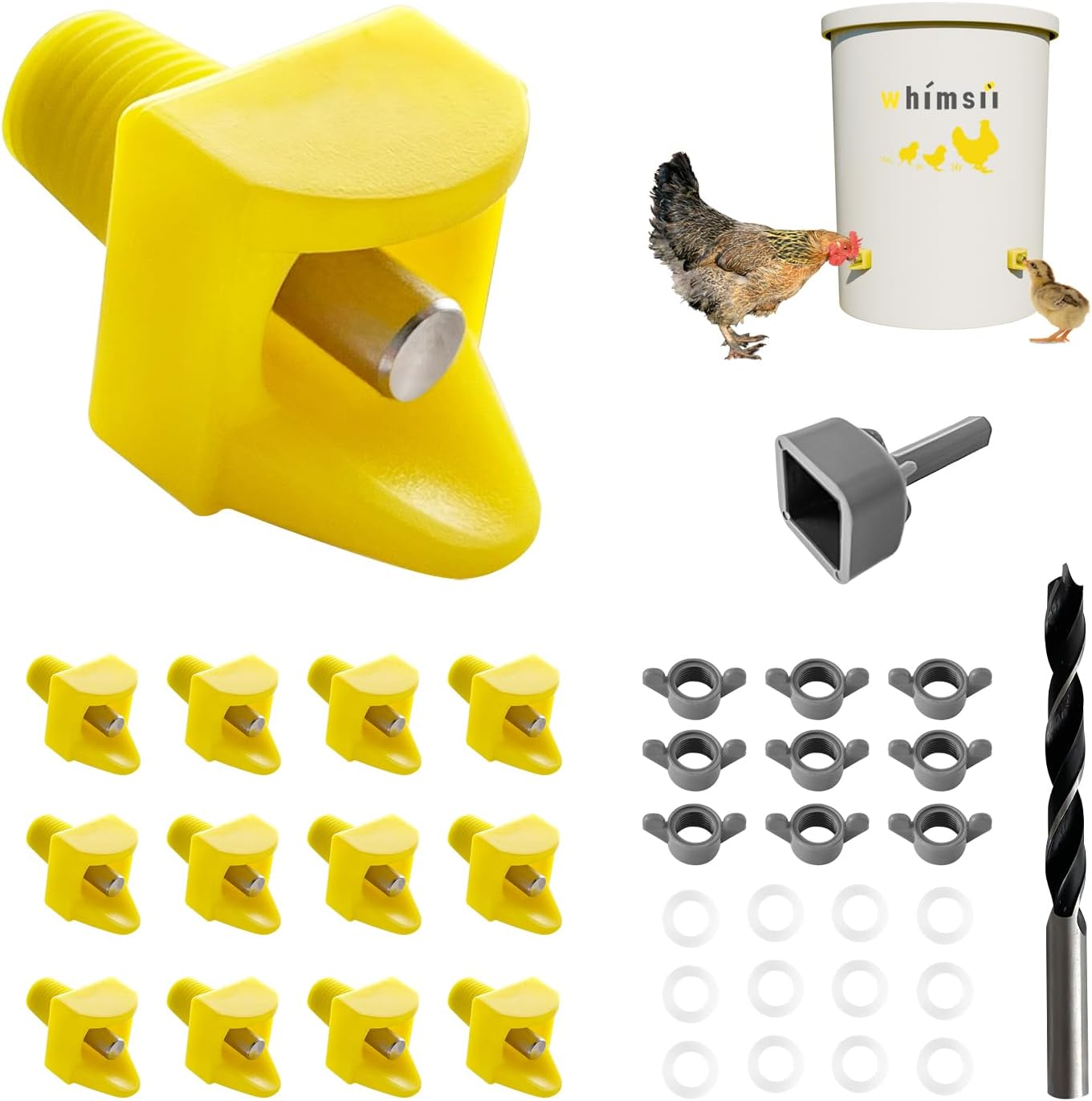 Chicken Waterer Nipples, Horizontal Side Mount, Anti-Leak Automatic Water System for Poultry, Suitable for Chickens, Duck, Quail, Includes Drill Bit & Installation Tool (Yellow, 15 Nipples) image number 6