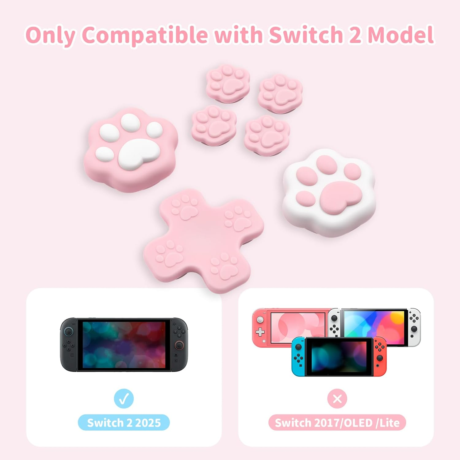 Geekshare Silicone Cross D-Pad Button Caps Set Joystick Cover, Cat Paw ABXY Key Button Thumb Grips Compatible with Switch 2 Game Console - Pink - Pink image number 4